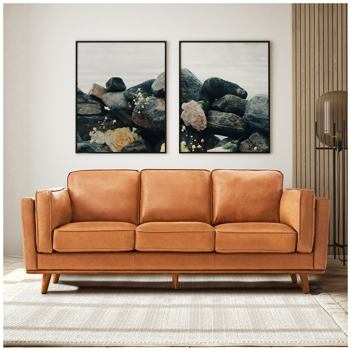 Valencia Artisan Modern Top Grain Leather Sofa With Wooden Base