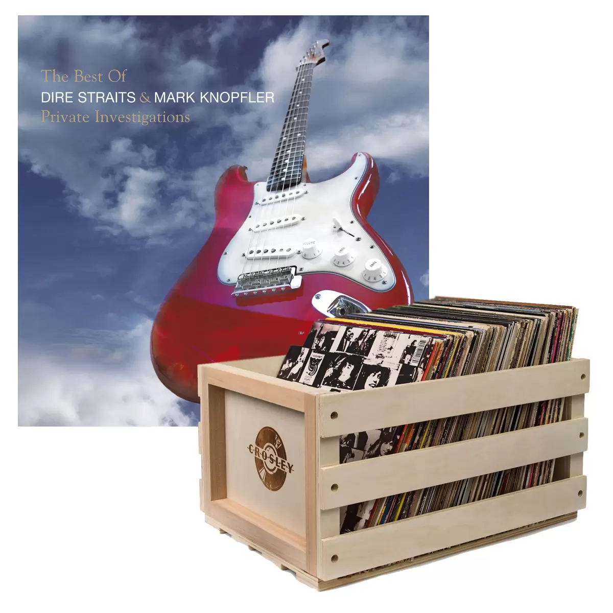 Crosley Record Storage Crate & Dire Straits, Mark Knopfler, The Best Of Dire Straits Double Vinyl Album Bundle