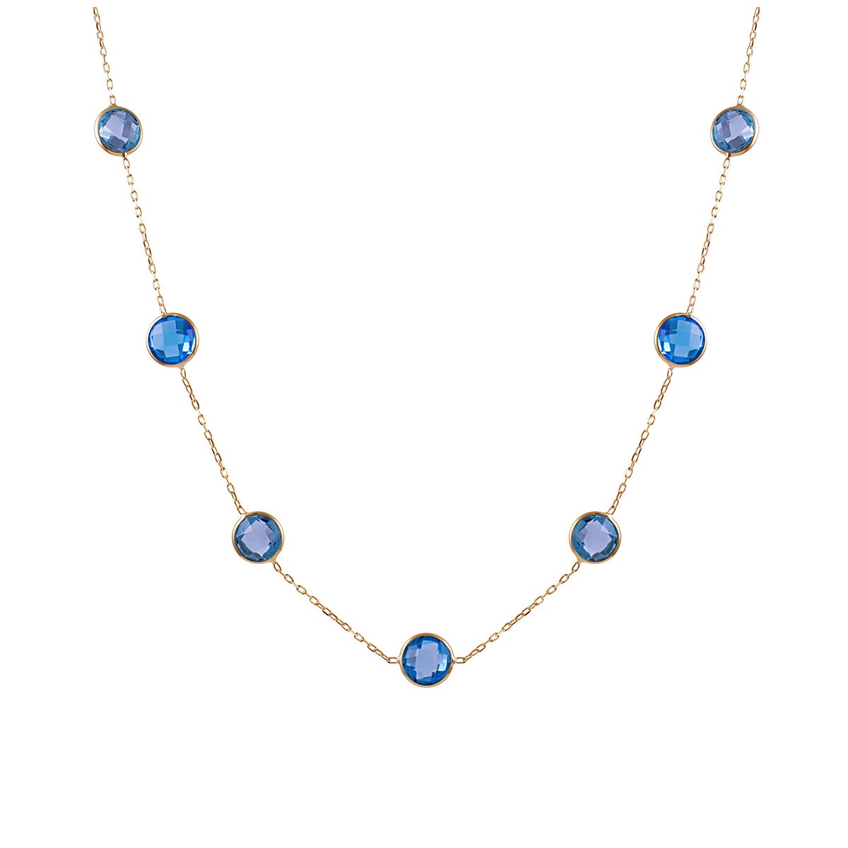 14KT Yellow Gold Round Blue Topaz Bezel Necklace