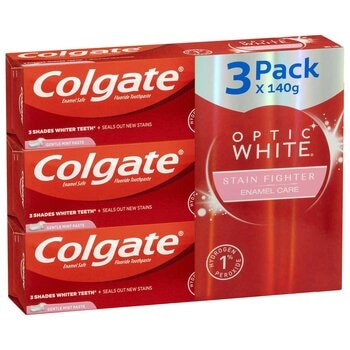 Colgate Optic White Fluoride Toothpaste Stain Fighter Enamel Care Gentle Mint 3 x 140g