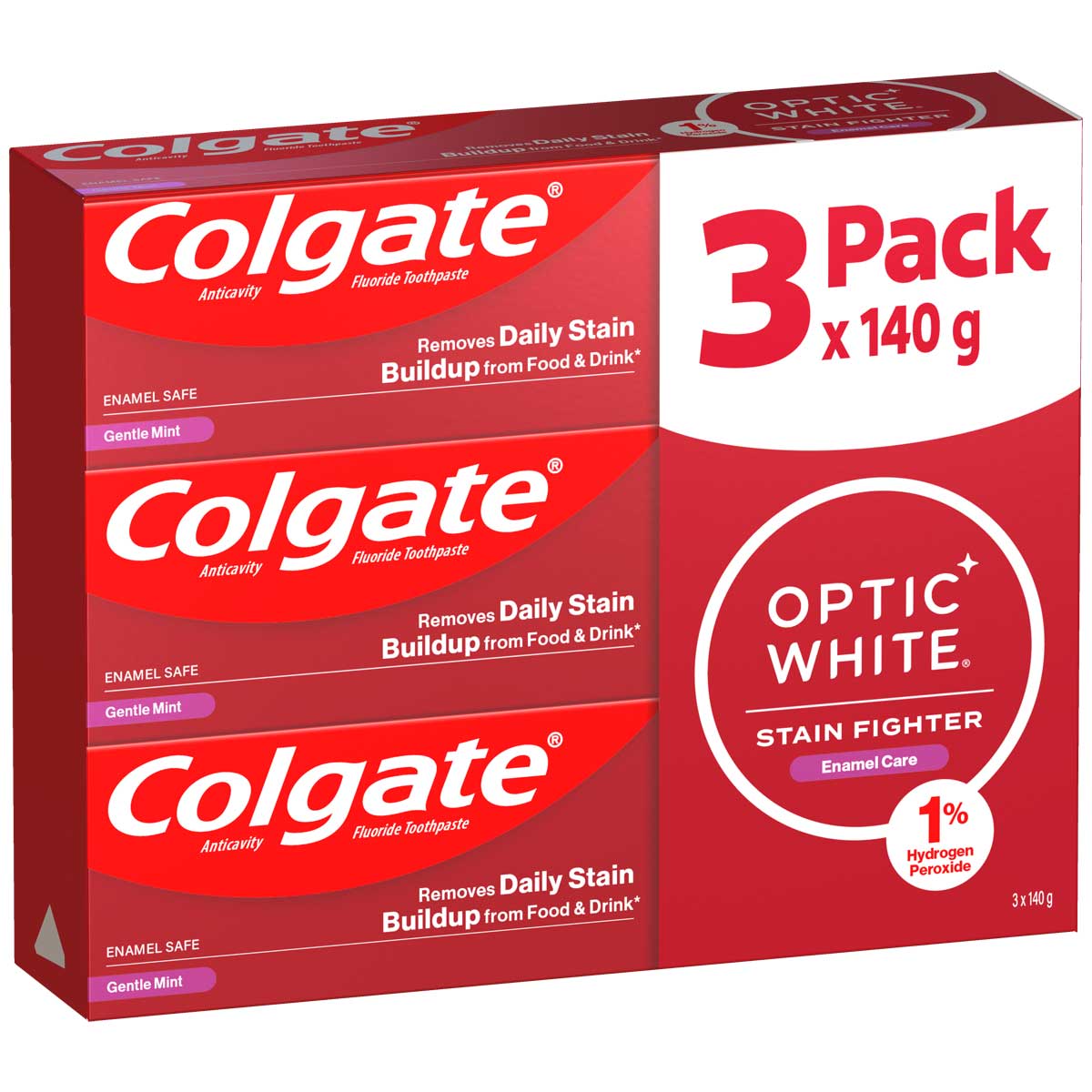  Colgate Optic White Fluoride Toothpaste Stain Fighter Enamel Care Gentle Mint 3 x 140g