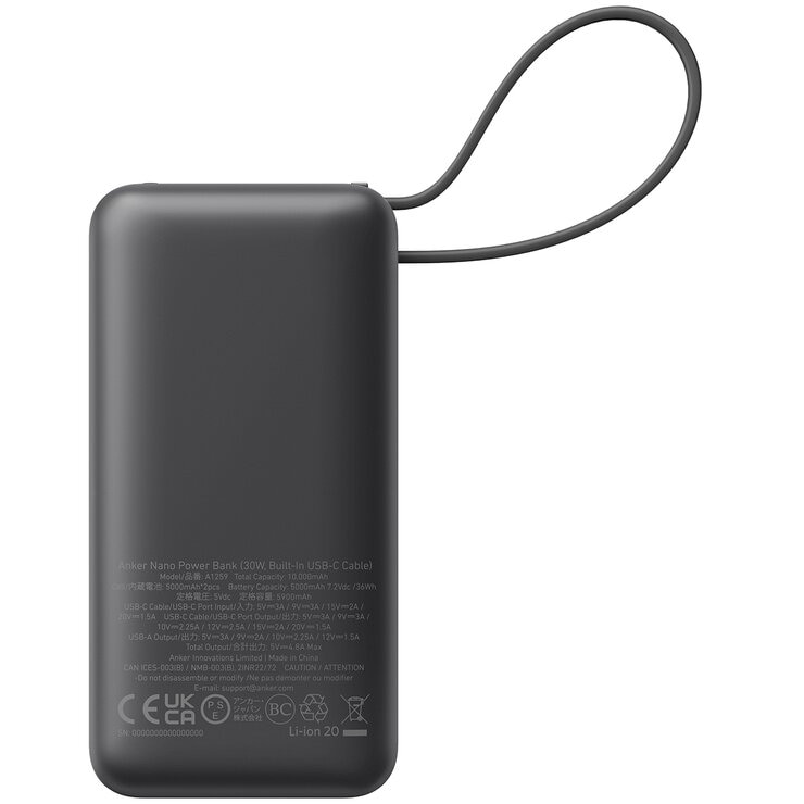 Anker Nano 10K 30W Power Bank With Built In USB-C Cable Black A1259H11 Anker Nano 10K 30W Power Bank With Built In USB-C Cable Black A1259H11